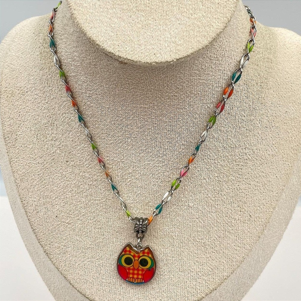 Vintage Colorful Owl Pendant Necklace Enamel Multi Chain Boho Whimsical Jewelry‎